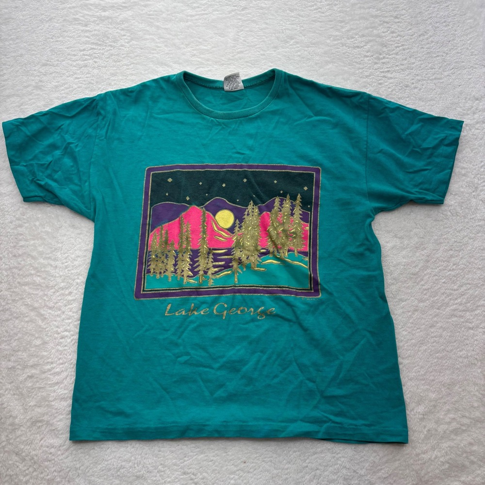 Vintage Signal Mega-Tee Lake George Teal Graphic T-Shirt 90s Made in USA Medium